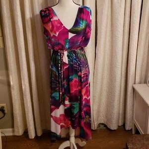 London Times Floral HiLow Dress Pink n Green